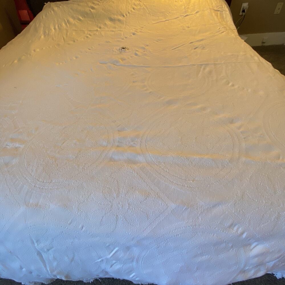 Vintage King Size 90x97” Bed Cover Blanket Cotton White Fridge USA Artsy Weave - Picture 3 of 12